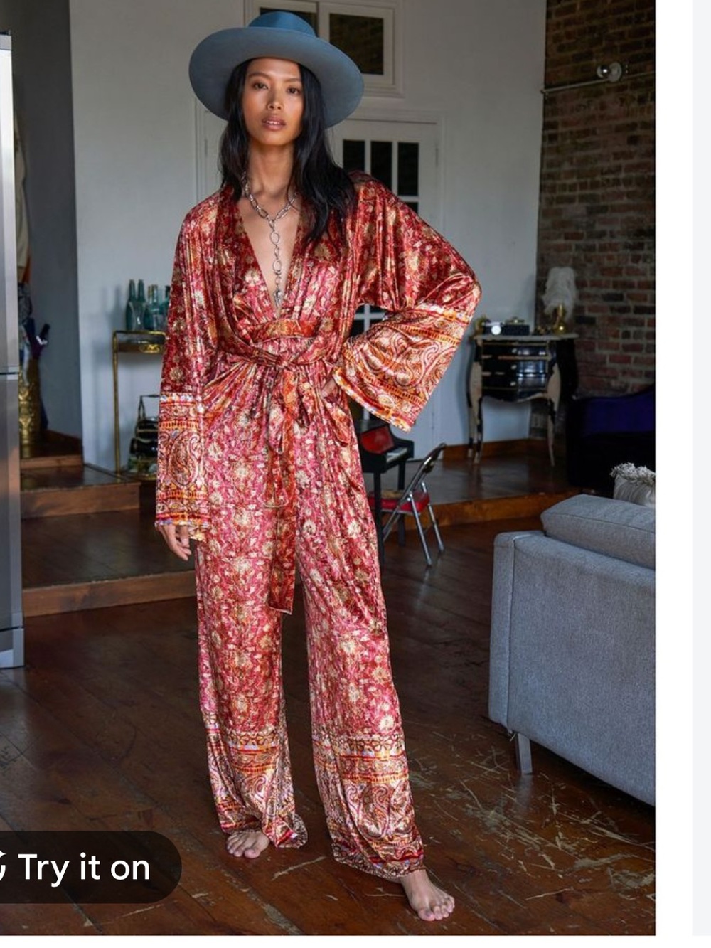 Free People 70’s Harper Velvet Long Bell Sleeve Jumpsuit in Sangria Size S